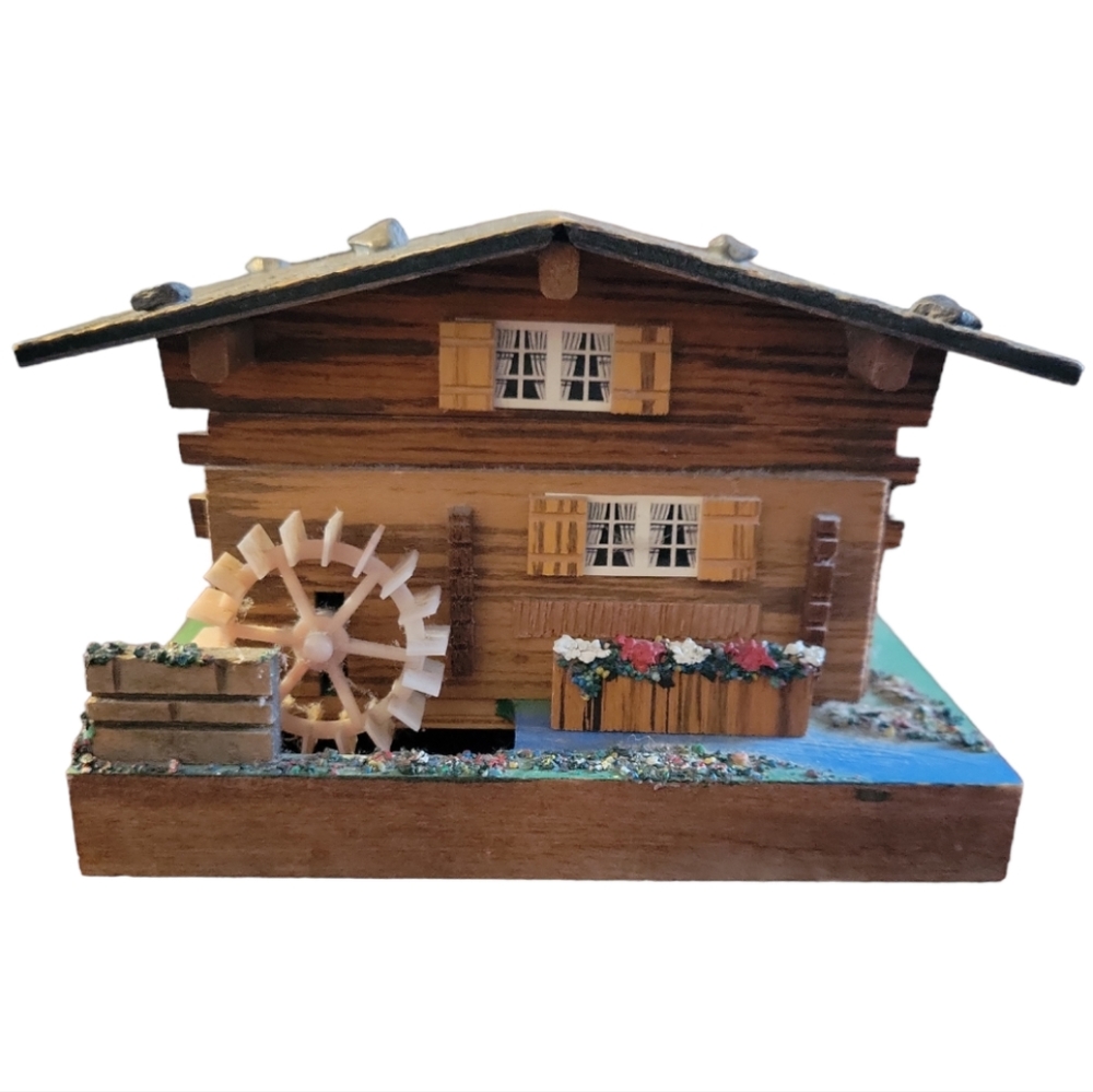 Vtg Reuge Wooden Swiss Chalet Music Jewelry Box Working Water Wheel